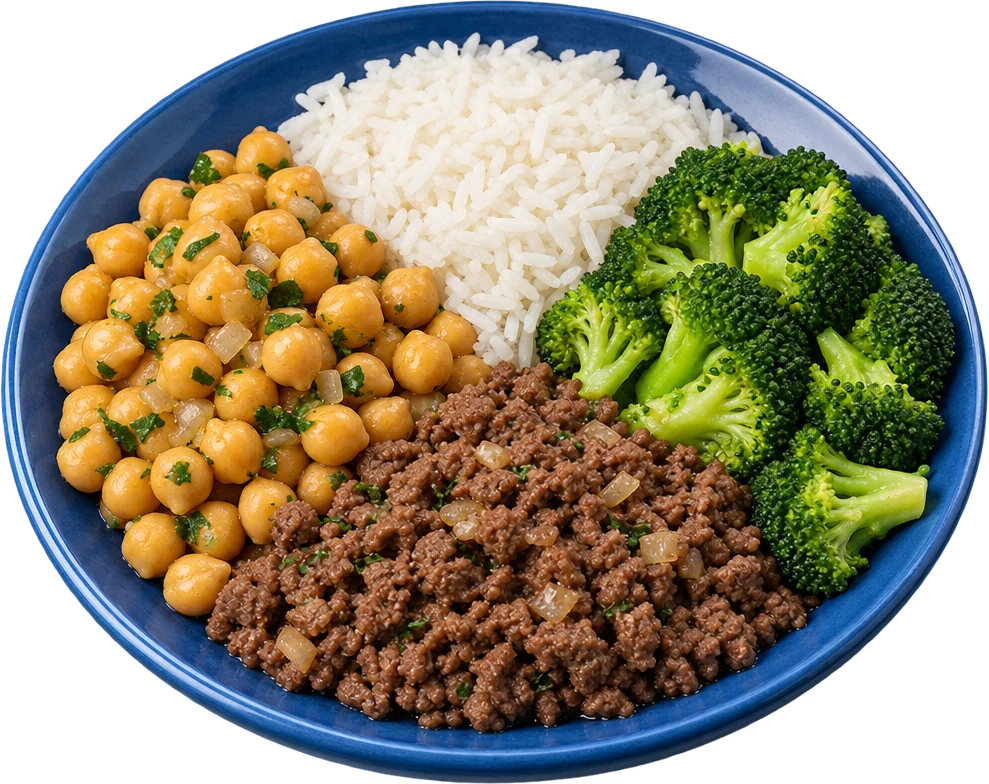 Almoço: Grão-de-bico, arroz, carne e brócolis
