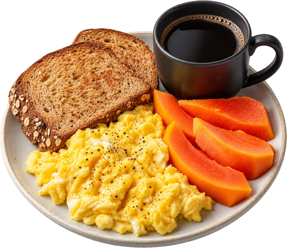 Café da manhã: Ovos, pão integral, mamão e café